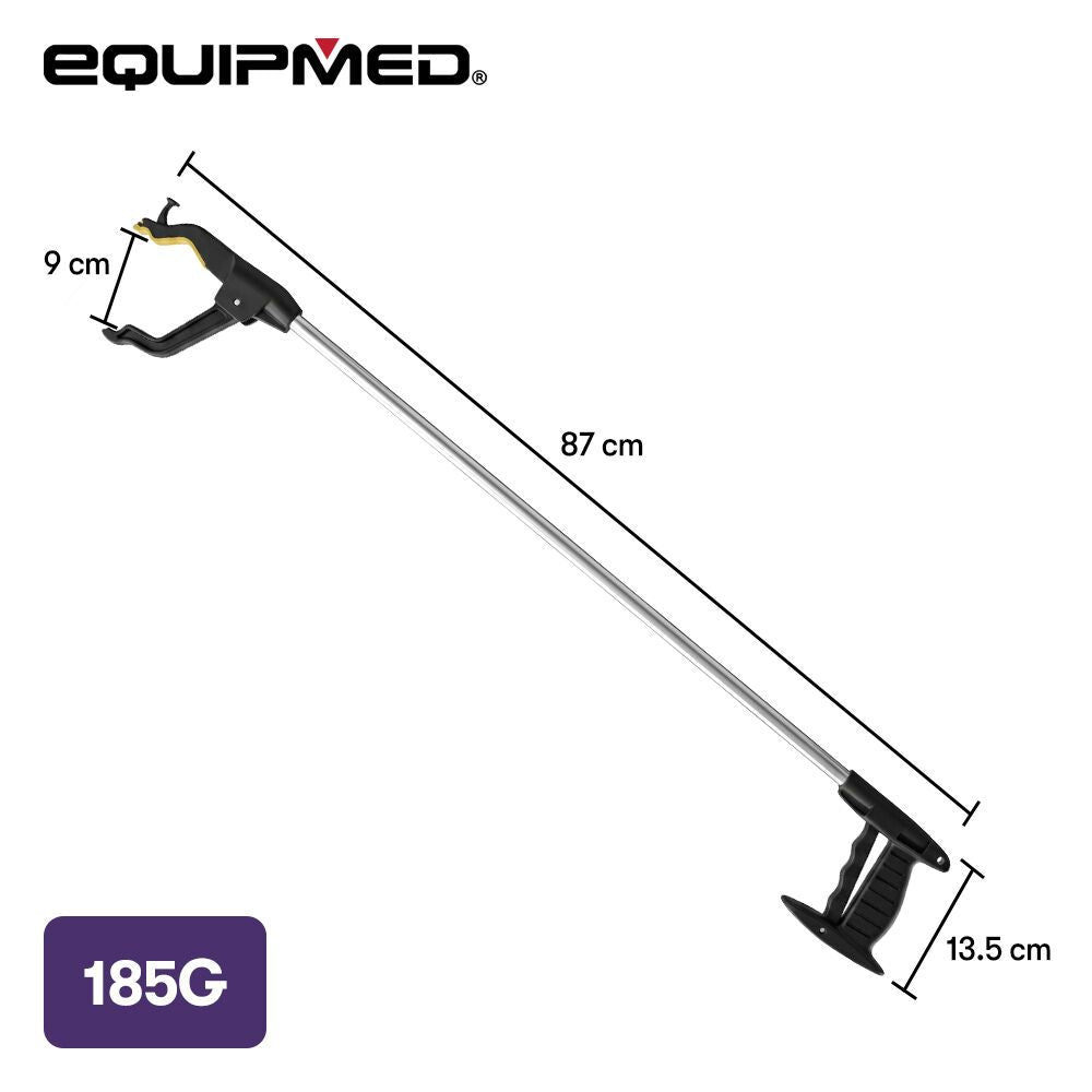 EQUIPMED 87cm Long Reach Grabber Reacher Aid, Deluxe Magnetic Pick Tip, Key Hook, Lockable Nonslip Rubber Jaws, Lightweight Alloy, Easy Reach Disability Aid